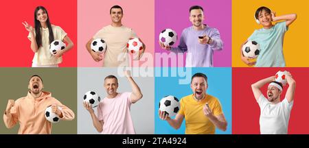 Collage verschiedener Menschen mit Fussball auf farbigem Hintergrund Stockfoto