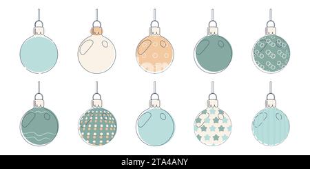 Weihnachtskugeln im Stil der Strichkunst. Isolierte Elemente auf weißem Hintergrund für jedes Design Vektor-Illustration. Stock Vektor