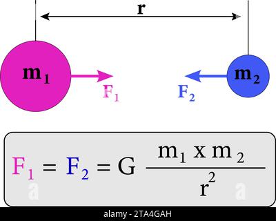Ein Diagramm beschreibt die Mechanismen des Newton'schen Gesetzes der universellen Gravitation .Vektor-Illustration. Stock Vektor