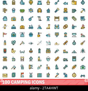 100 Camping-Symbole gesetzt. Farblinie Set von Camping-Vektorsymbolen dünne Linie Farbe flach auf weiß Stock Vektor