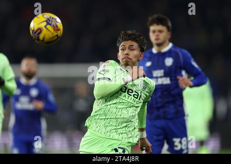 Cardiff, Großbritannien. November 2023. Jeremy Sarmiento von West Bromwich Albion in Aktion. EFL Skybet Championship Match, Cardiff City gegen West Bromwich Albion im Cardiff City Stadium am Dienstag, den 28. November 2023. Dieses Bild darf nur für redaktionelle Zwecke verwendet werden. Nur redaktionelle Verwendung, Bild von Andrew Orchard/Andrew Orchard Sportfotografie/Alamy Live News Credit: Andrew Orchard Sportfotografie/Alamy Live News Stockfoto