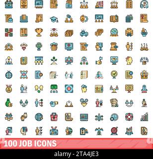 100 Job-Symbole eingestellt. Farblinie Satz von Jobvektorsymbolen dünne Linie Farbe flach auf weiß Stock Vektor