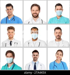 Medizinische Krankenschwestern auf weißem Hintergrund, Fotoset Stockfoto