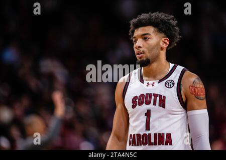 Columbia, SC, USA. November 2023. Der Spieler der South Carolina Gamecocks, Jacobi Wright (1), kämpfte in der ersten Halbzeit gegen die Notre Dame im NCAA Basketball Matchup in der Colonial Life Arena in Columbia, SC. (Scott Kinser/CSM). Quelle: csm/Alamy Live News Stockfoto