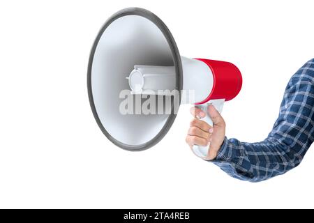 Mann Hand hält Megaphon isoliert über weißem Hintergrund Stockfoto