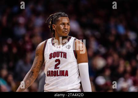 28. November 2023: South Carolina Gamecocks stürmten B.J. Mack (2) in der zweiten Halbzeit gegen die Notre Dame Fighting Irish im NCAA Basketball Matchup in der Colonial Life Arena in Columbia, SC. (Scott Kinser/CSM) (Bild: © Scott Kinser/Cal Sport Media) Stockfoto