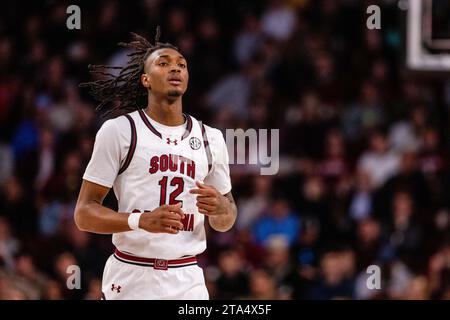 Columbia, SC, USA. November 2023. South Carolina Gamecocks schützen Zachary Davis (12) während der zweiten Halbzeit gegen die Notre Dame Fighting Irish im NCAA Basketball Matchup in der Colonial Life Arena in Columbia, SC. (Scott Kinser/CSM). Quelle: csm/Alamy Live News Stockfoto