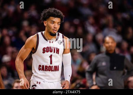 Columbia, SC, USA. November 2023. Der Spieler der South Carolina Gamecocks, Jacobi Wright (1), kämpfte in der zweiten Halbzeit gegen die Notre Dame im NCAA Basketball Matchup in der Colonial Life Arena in Columbia, SC. (Scott Kinser/CSM). Quelle: csm/Alamy Live News Stockfoto