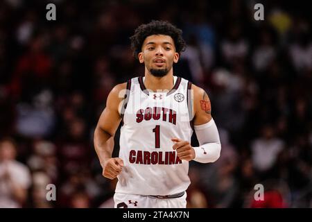 Columbia, SC, USA. November 2023. Der Spieler der South Carolina Gamecocks, Jacobi Wright (1), kämpfte in der zweiten Halbzeit gegen die Notre Dame im NCAA Basketball Matchup in der Colonial Life Arena in Columbia, SC. (Scott Kinser/CSM). Quelle: csm/Alamy Live News Stockfoto