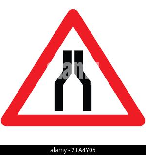 Verengung des Straßensymbols. Straßenschmalen auf beiden Seiten Schild. Symbol für „Straße in Großbritannien“ auf beiden Seiten vor Ihnen. Flacher STYLE. Stockfoto