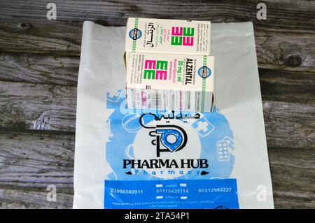 Kairo, Ägypten, 6. November 2023: Alzental Suspension Albendazol von Pharma Hub Pharmacacy, Breitband-Anthelmintikum, zur Behandlung von Enterobiasis, Askariasis, an Stockfoto