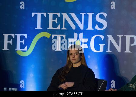 Mexiko-Stadt, Mexiko. November 2023. 28. November 2023, Mexiko-Stadt: Maria Sakkari von Griechenland, spricht während einer Pressekonferenz vor dem Tennisfest GNP 2023 im Hayat Regency Hotel vor den Medien. Am 28. November 2023 in Mexiko-Stadt. (Foto: Carlos Tischler/ Credit: Eyepix Group/Alamy Live News Stockfoto