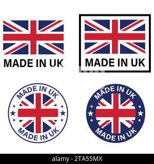 Set aus „Made in UK“-Dichtung, Etikett mit Produktanhänger. Stempelaufkleber Made in UK. Flacher STYLE. Stockfoto