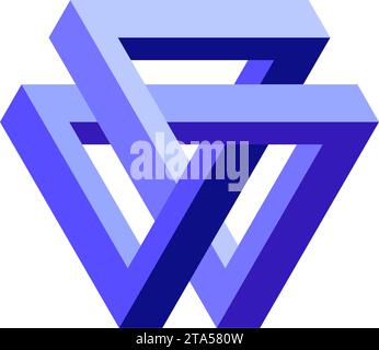 Unmögliche Dreiecksform. Optische optische Täuschung. Dreieckiges Symbol für unendliche Schleife. Blaue, violette, unwirkliche geometrische Form. Durchgehendes Puzzleelement für Logo, Symbol, Etikett, Etikett, Dekor. Vektorabbildung Stock Vektor