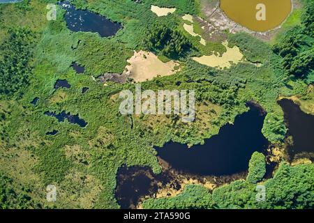 Blick aus großer Höhe auf ein Torfmoor auf dem Gelände einer ehemaligen Torfgewinnung Stockfoto