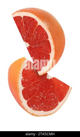 Hängendes, fallendes und fliegendes Stück Grapefruitfrüchte isoliert auf weißem Hintergrund mit Schneideweg Stockfoto