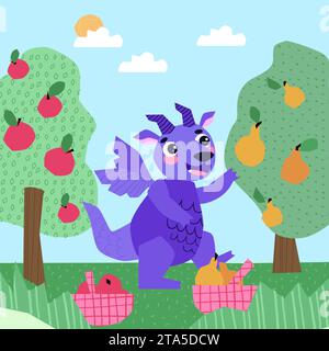 Drachen ernten in einem Obstgarten. August. Sommerzeit. Apfel- und Birnenobstwiesen. Reife Äpfel und Birnen im Obstgarten, bereit für die Ernte. Sommer und Herbst Stock Vektor