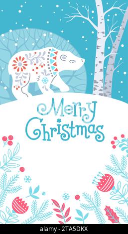 Vertikales Banner mit Text „Frohe Weihnachten“ im Winter Forest Animal. Handgezeichnete Silhouette eines Eisbären im skandinavischen Folk-Stil Stock Vektor