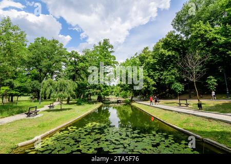 Craiova, Rumänien, 28. Mai 2022: Lebhafte Landschaft im Nicolae Romaescu Park in der Grafschaft Dolj, mit See, Wasserlillien und großen grünen Tres in einem wunderschönen s Stockfoto