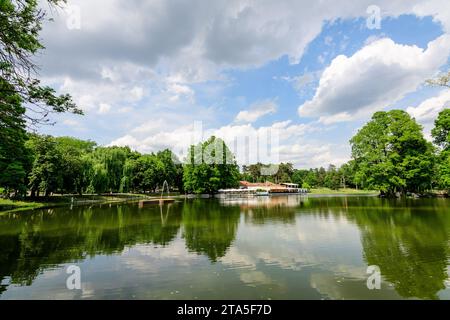 Craiova, Rumänien, 28. Mai 2022: Lebhafte Landschaft im Nicolae Romaescu Park in der Grafschaft Dolj, mit See, Wasserlillien und großen grünen Tres in einem wunderschönen s Stockfoto