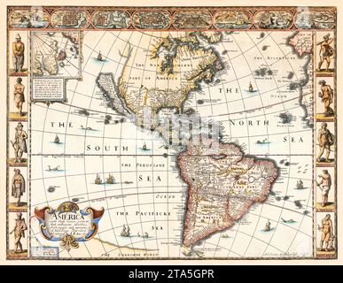 Antike Karte von Amerika von Speed & Goos, 1627, Landschaft, englischer Text, dekorative Figuren, Städte, Segelschiffe Stockfoto