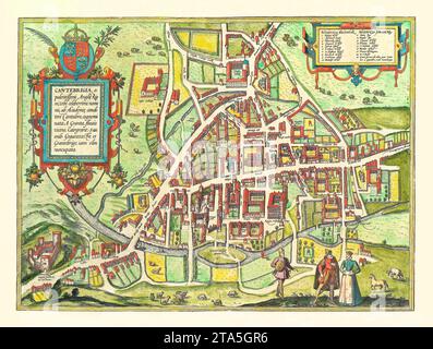 Antike Vogelperspektive von Cambridge (Cantebrigia), England, von Braun, Köln, 1575. Handkolorierter lateinischer Text, Querformat. Stockfoto