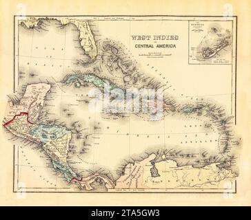 Alte Karte von Mittelamerika und Karibik mit Bermuda-Inseln Karte einfügen. Von Gray und Davis, Publ. In Reading, Pennsylvania, 1876 Stockfoto