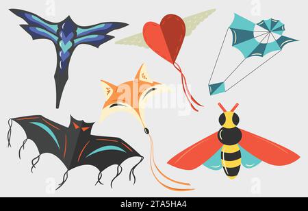 Set farbenfroher Märchen-Zeichentrickdrachen. Schmetterling, Fuchs, Biene, Fledermaus. Flaches Vektor-Winddrachen-Spiel auf weißem Hintergrund Stock Vektor