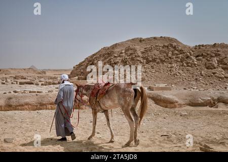 Ein arabischer Mann, der mit seinem Pferd durch die Wüste in Ägypten läuft. Stockfoto