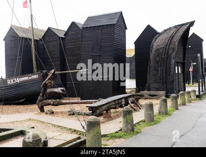 Fischerhütten in Hastings Stockfoto