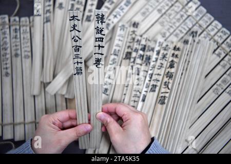 (231129) -- LANZHOU, 29. November 2023 (Xinhua) -- Ein Mitarbeiter des Gansu Jiandu Museums arrangiert selbstgemachte Werke von 'Jiandu' in Lanzhou, nordwestchinesischer Provinz Gansu, 25. Oktober 2023. „Jiandu“ sind Bambus- und Holzscheine, auf denen die alten Chinesen vor der Erfindung des Papiers mit Tinte und Pinseln schrieben. Das Gansu Jiandu Museum ist Chinas einziges Museum auf Provinzebene, das sich auf Bambus- und Holzschalen konzentriert. Es hat eine Sammlung von fast 40.000 solcher Ausschnitten aus der Qin-Dynastie (221-207 v. Chr.) und der westlichen Jin-Dynastie (265–317), und es beherbergt auch mehr als 10.000 andere Artefakte, Stockfoto