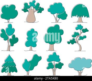 Trees Coloured Doodle Skizzenstil Set. Handgezeichnete einfache, verschiedene Bäume und Sträucher ClipArt. Cartoon grüne Bäume, isolierte Vektor-Illustration Stock Vektor