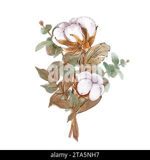 Weihnachtsstrauß mit Aquarellen. Grüne Zweige und Baumwollblumen. Handgezeichnete Illustration für Hochzeitseinladung und Grußkarte, isoliert. Stockfoto