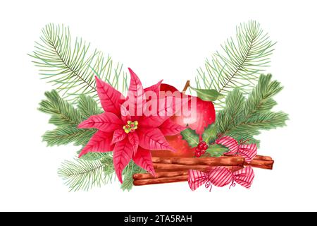 Weihnachtskomposition aus rotem Apfel mit Weihnachtsstern, Kiefern- und Tannenzweigen, stechpalmenbeeren mit Zimt und Karamellbonbons. Dekor für das neue Y Stockfoto