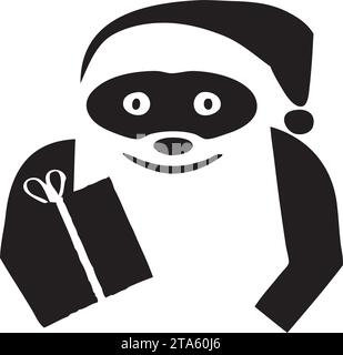 Santa Sloth mit einem Lächeln und einer niedlichen roten Mütze, die ein Geschenk hält. Isoliert auf weiß. Abbildung mit schwarzem Symbol. Stock Vektor