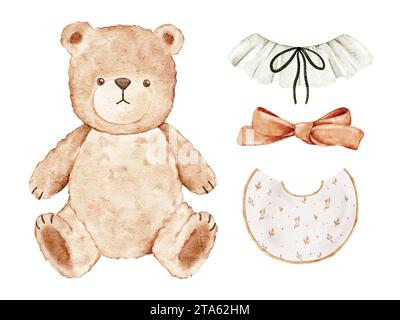 Niedlicher kleiner Teddybär mit Accessoires, Schleife, Schürze, Kragen im Vintage-Stil. Aquarellabbildung. Clipart für Postkarten, Babyduschen, Pos. Stockfoto