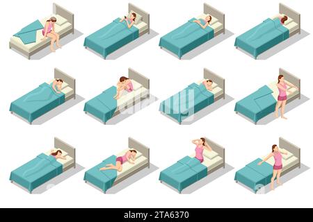 Set aus verschiedenen Frauen schlafend, schlafend und träumend in Betten. Gute-Nacht-Konzept. Stock Vektor