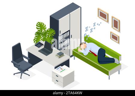 Isometrisch müde überarbeitete Angestellte, die im Büro schläft. Ermüdungs- und Erschöpfungskonzept. Müder Geschäftsmann, der auf dem Sofa schläft Stock Vektor
