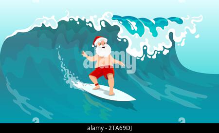 Weihnachtsmann-Surfer-Charakter. Cartoon Santa Claus surft an Bord auf einer großen Meereswelle. Vektorsommerszene mit Noel-Persönlichkeit in rotem Hut und Shorts, die auf einem Surfbrett mit Urlaubsstimmung im weiten Ozean ausbalanciert Stock Vektor