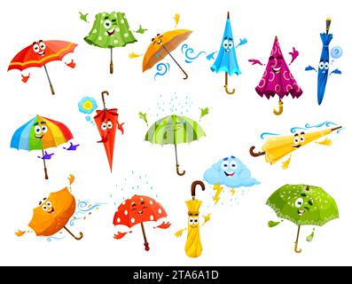 Cartoon Regenschirmfiguren mit Gesicht und süßem lustigem glücklichen Lächeln, Vektor-Emoticons. Comic-Regenschirm Emoji unter Regen und Sturmwolke, niedlicher Regenbogenschirm in Windsturm mit Daumen nach oben Stock Vektor