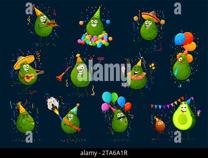 Cartoon-Avocado-Charaktere auf Feiertagsparty-Set. Fröhliche Vektor-fröhliche Früchte in festlichem Hutspaß mit Glitzern, Eis, Maracas, Flapper und Ballons unter fallendem Konfetti bei der Geburtstagsfeier Stock Vektor
