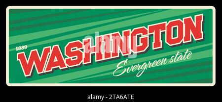 Washington Evergreen USA State Vintage Schild, Reiseschild. Vektor-Tourismus-Banner auf grüner, Retro-Postkarte. Vintage-Straßenschild-Banner, alter Teller. Olympia-Hauptstadt, Werbetafel in Seattle Stock Vektor
