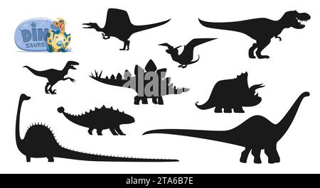 Cartoon-Dinosaurier isolierte Charaktere Silhouetten. Spinosaurus, Tyrannosaur, Pterodactyl, Pteranodon und Velociraptor, Stegosaurus, Triceratops, Ankylosaurus und Diplodocus Dinosaurier Silhouetten Set Stock Vektor