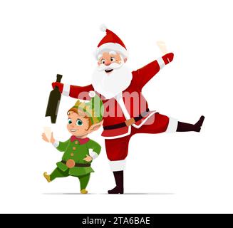 Cartoon Weihnachtsmann tanzt mit Elfe und Weinflasche, beide in lebendigen Outfits. Vektor festliche Szene fröhliche skurrile Persönlichkeiten feiern Weihnachtsfeierlichkeiten, trinken Alkohol und tanzen Stock Vektor