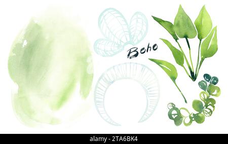 Designelemente in Aquarellen. Inneneinrichtung mit Aquarellflecken und tropischen Blättern. Abstrakte Details für modernen Boho-Stil Stockfoto