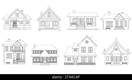 Schwarze Umrisse von Villen und Privathäusern isoliert auf weißem Hintergrund. Einstöckige Häuser mit mehreren Etagen. Stock Vektor