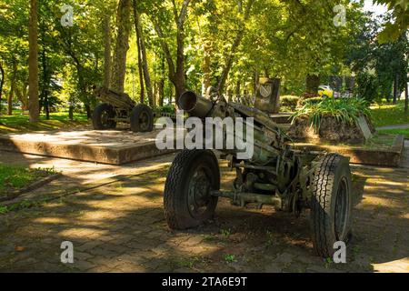 Kanonen in einem Park im Zentrum von Bihac im Kanton Una-Sana, Föderation von Bosnien und Herzegowina. Relikte der Kriegszeit Stockfoto