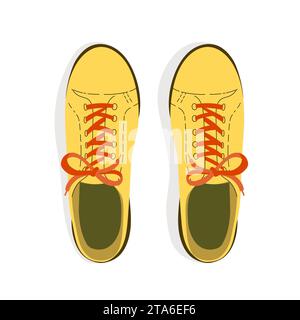 Ein Paar gelbe Sportschuhe mit Schnürsenkeln von oben. Stock Vektor