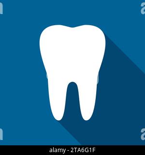 Weißes Zahnsymbol auf blauem Hintergrund mit langem Weibchen. Vektor Stock Vektor