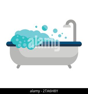 Badewanne mit Schaumblasen innen isoliert auf weißem Hintergrund. Badzeit im flachen Vektor Stock Vektor